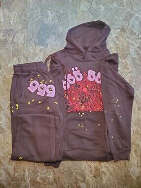 Sp5der Hoodie Medium Hoodie & Joggers Set with Pink Logo and Yellow Stars